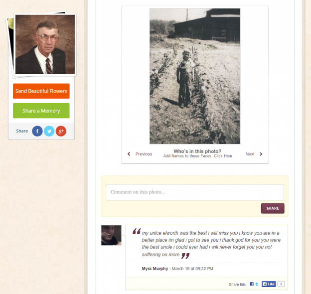 By uploading personalized photos and videos to their memorial pages, Wilkerson Funeral Home offers families a chance to share their own memories and stories about their loved ones. In this example, a nephew was able to reminisce about an emotional memory of his uncle that was triggered by a photo.