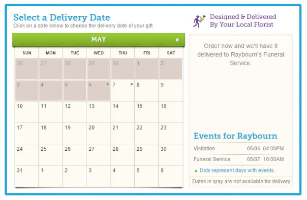 Here is an example of funeralOne’s funeral eCommerce store, The Sympathy Store. Here your families can purchase sympathy goods for their loved one, all without leaving your website. Plus, the loved one’s name, location of the service, direct family’s home, and service date and time is already filled in, so your visitors can purchase their gifts with ease.