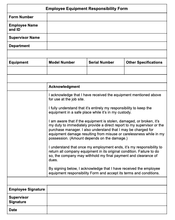 employee equipment responsibility form template