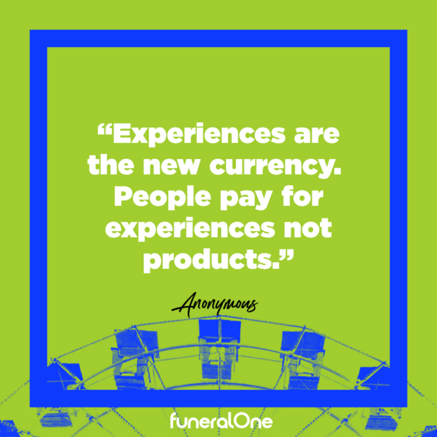 Quote challenging traditional funeral services and emphasizing the value of experience-based farewells that create lasting memories.