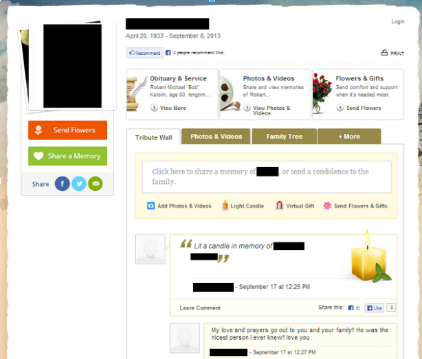 This is an example of funeralOne's f1Connect social memorial websites.