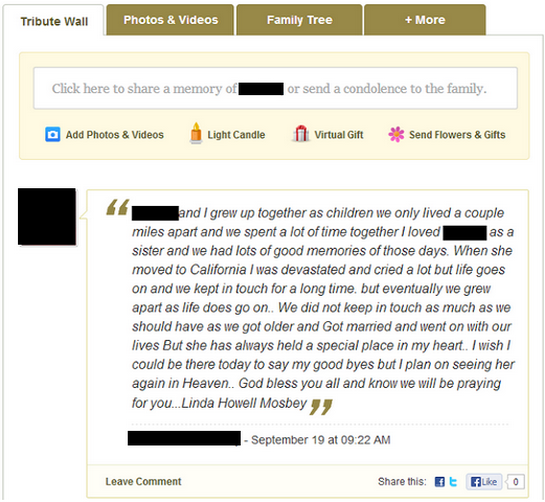 This is an example of funeralOne's f1Connect social memorial websites.